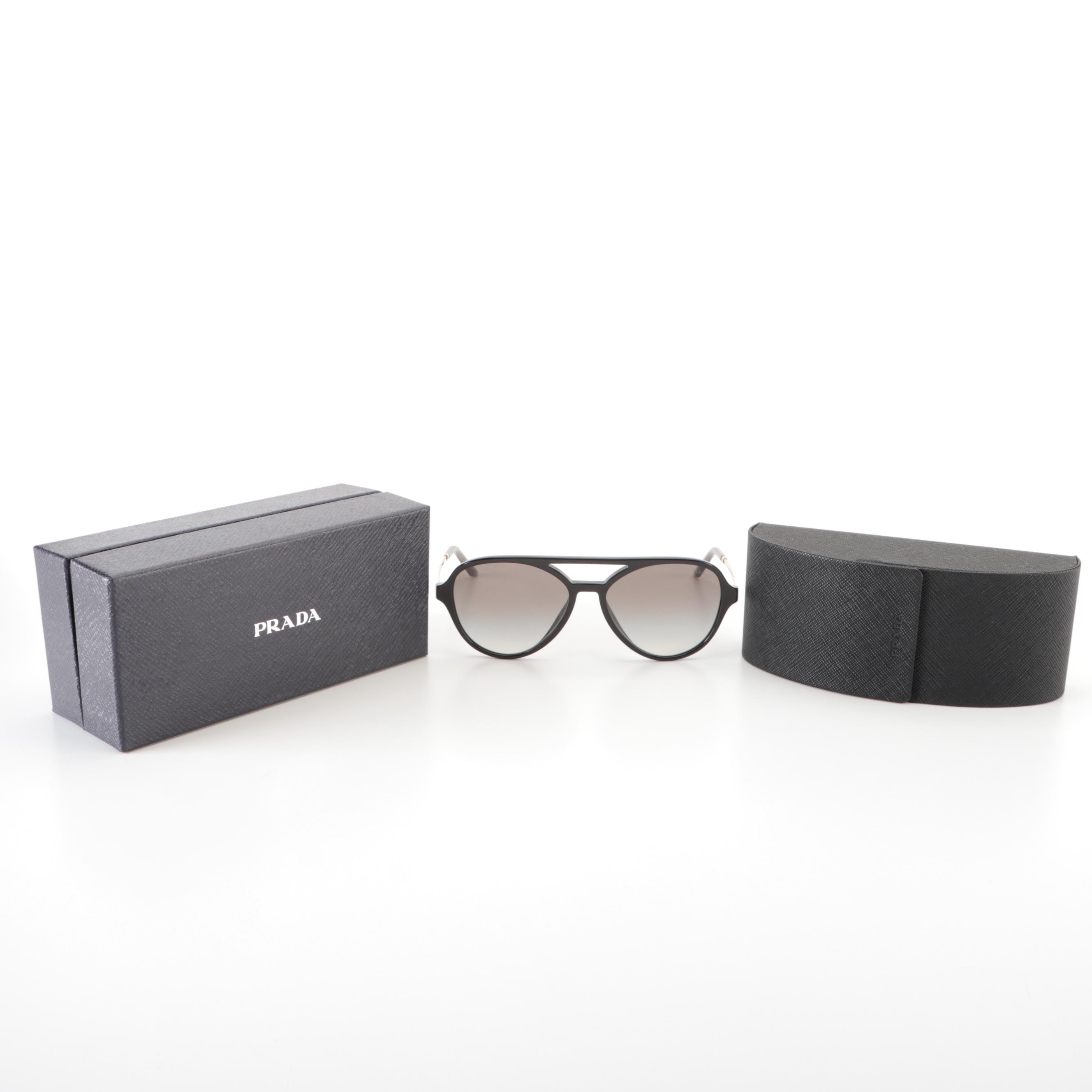 Prada SPR13W Glossy Black Pilot Sunglasses with Case and Box