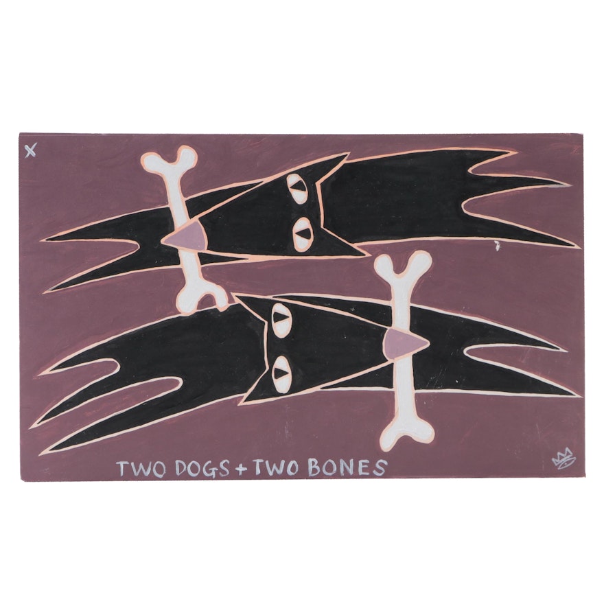 Michael Sweeney Abstract Gouache Painting "Two Dogs & Two Bones," 21st Century