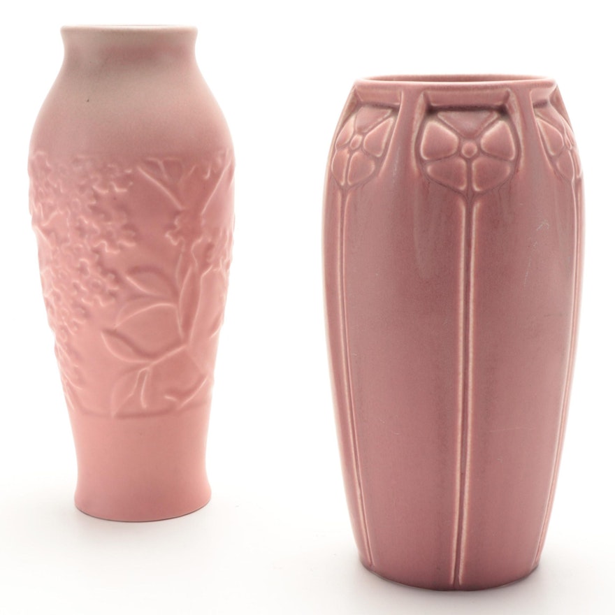 Rookwood Pottery Matte Pink Glazed Earthenware Vases, Early 20th Century