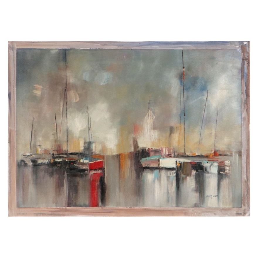 Abstract Harbor Scene Oil Painting, 21st Century