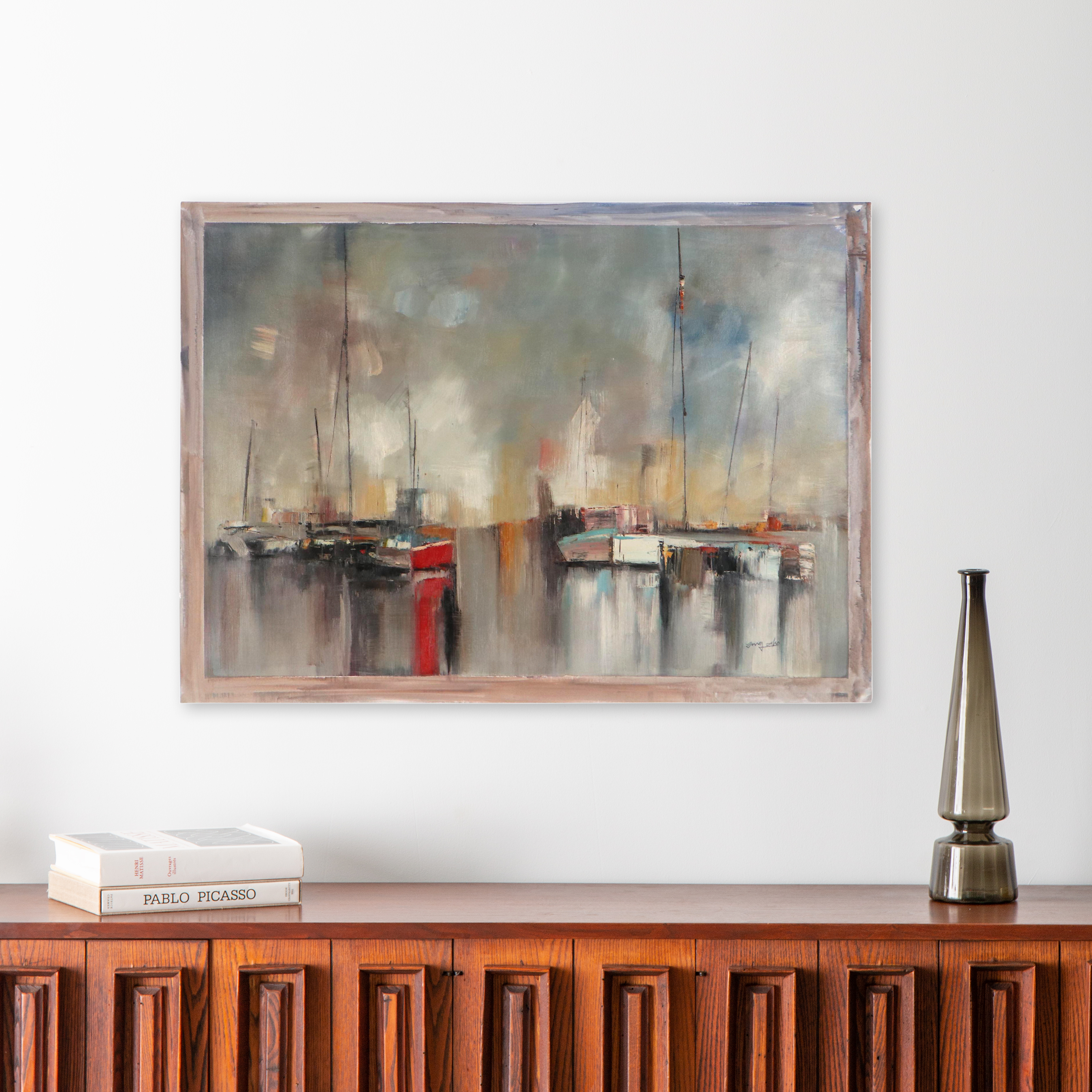 Abstract Harbor Scene Oil Painting, 21st Century