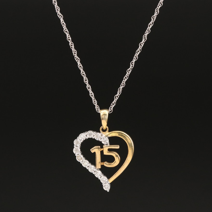 Sterling Diamond Sweet 15 Heart Pendant Necklace