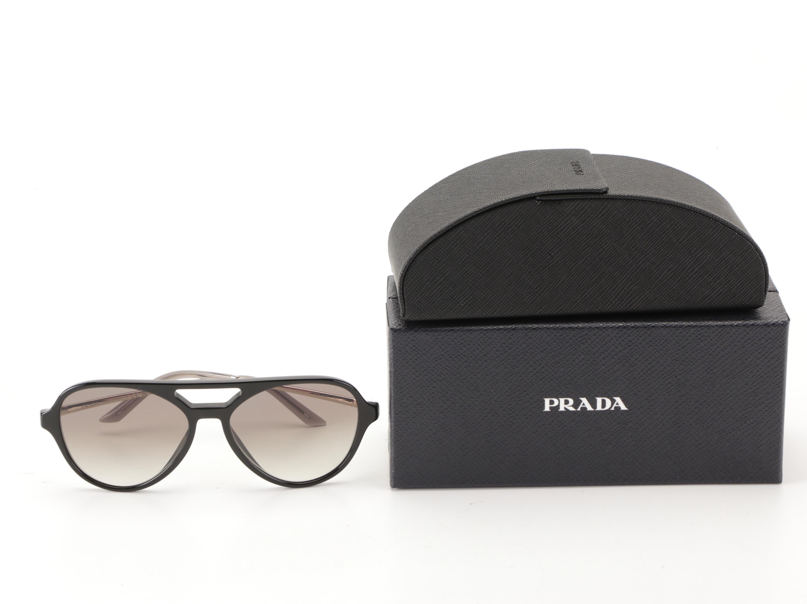 Prada SPR13W Glossy Black Pilot Sunglasses with Case and Box