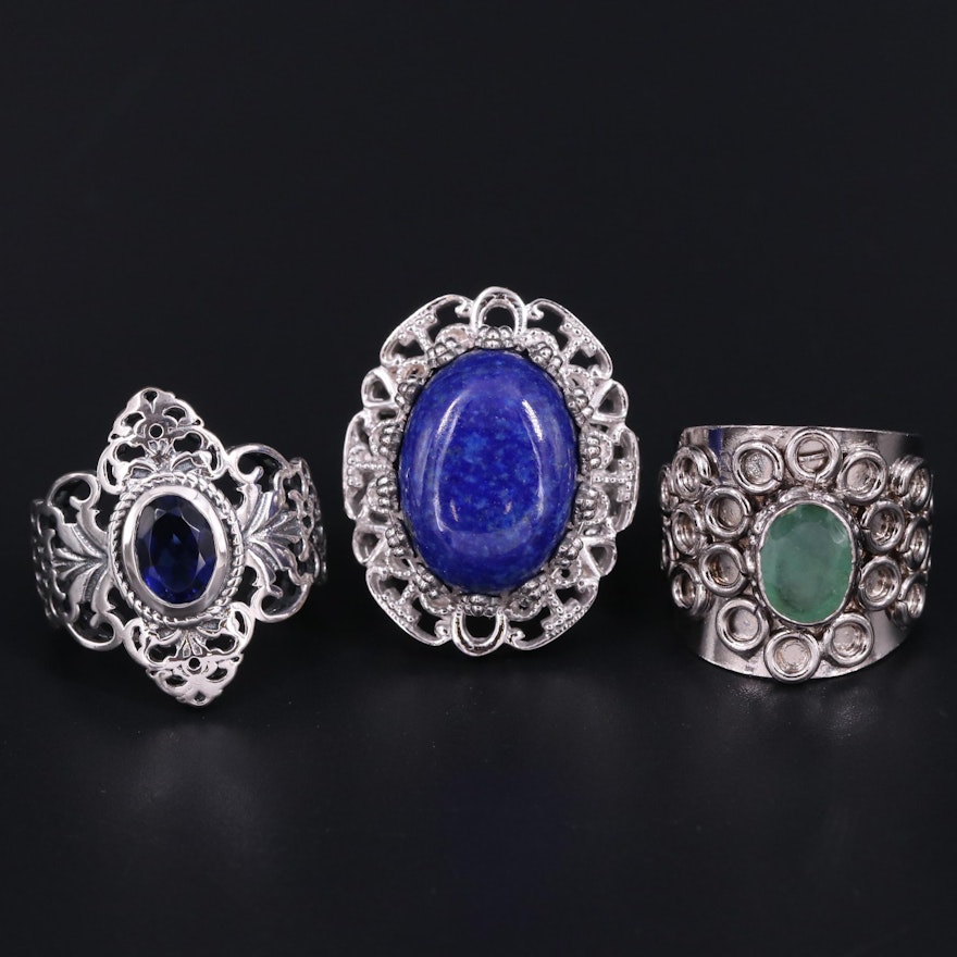 Sterling Silver Ring Collection Including Emerald and Lapis