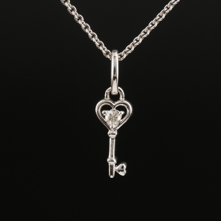 Sterling Diamond Heart Key Pendant Necklace