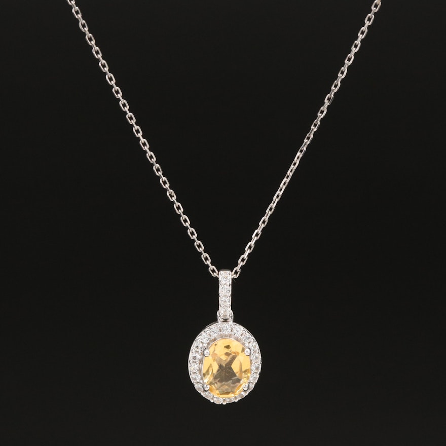 Sterling Citrine and Sapphire Halo Pendant Necklace