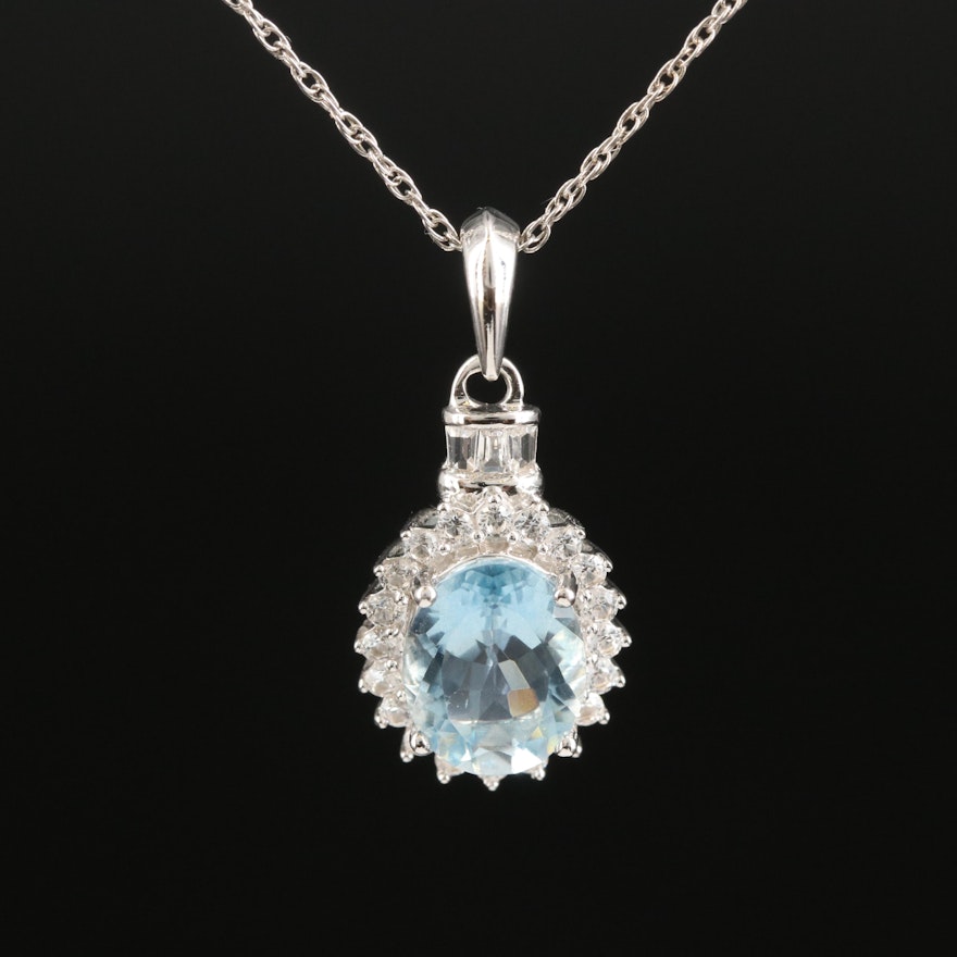 Sterling Aquamarine and Sapphire Oval Pendant Necklace