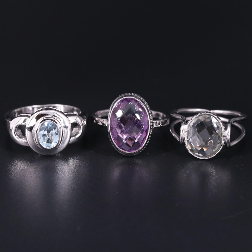 Sterling Silver Ring Collection Including Natural Blue Topaz and Amethyst