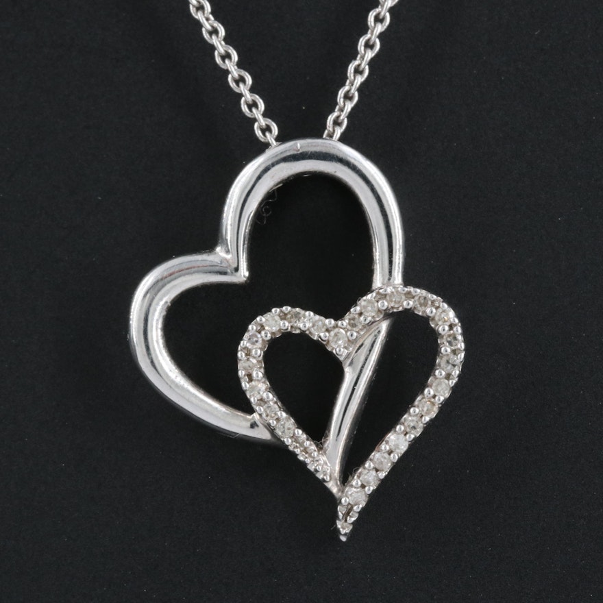 Sterling Diamond Double Heart Pendant Necklace