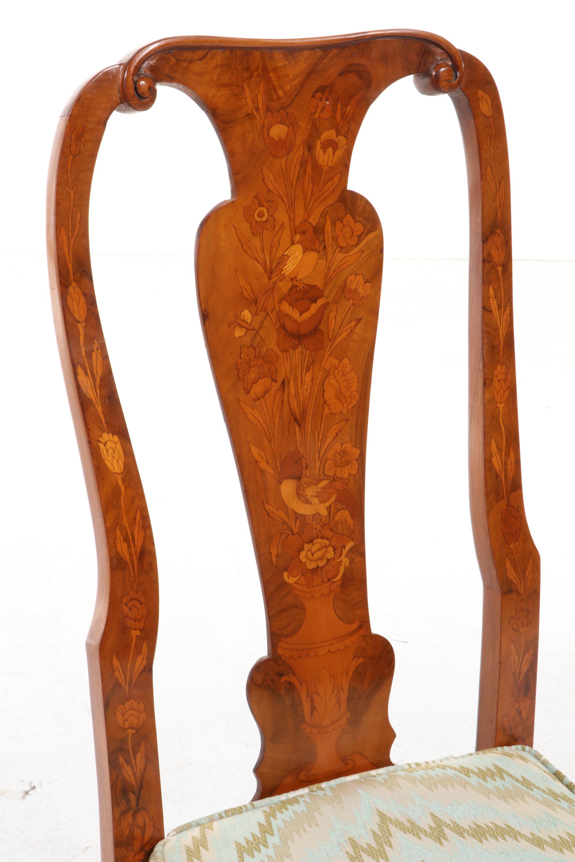 Walnut and Marquetry Side Chair, Probably Dutch or Italian, Late 20th Century