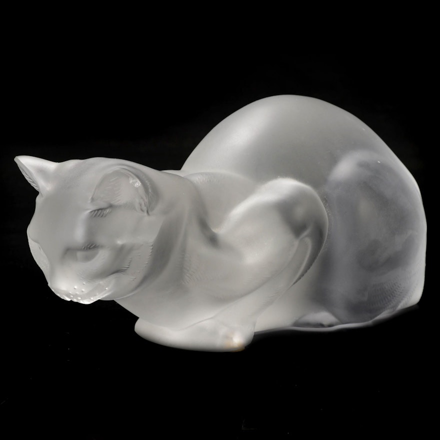 Lalique Crystal "Crouching Cat" Figurine, Early 20th Century