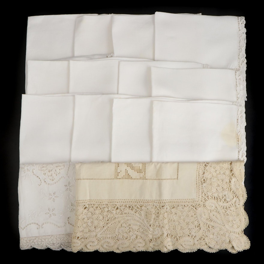 Lace Trimmed Luncheon Napkins, Square Tablecloth and Table Runner
