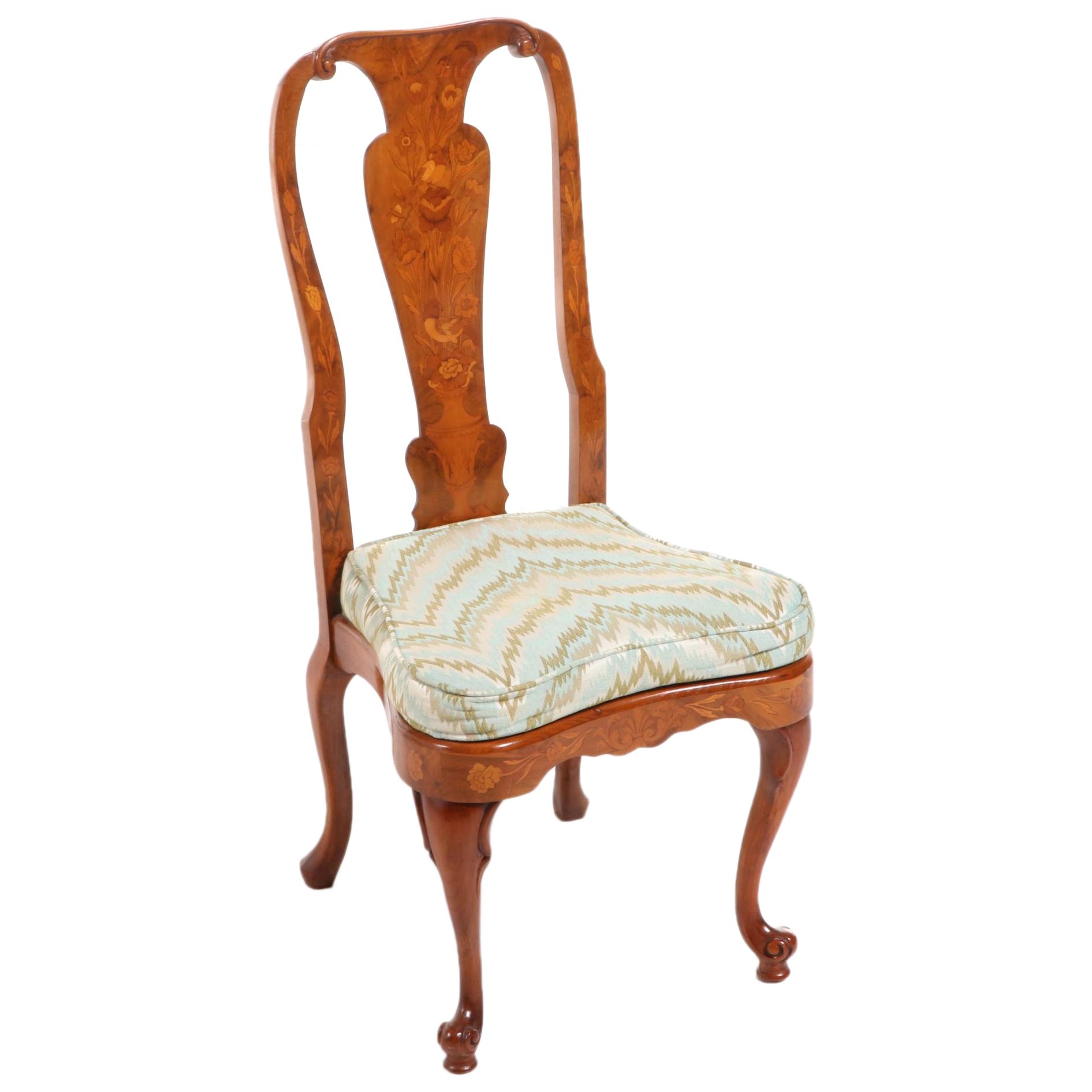 Walnut and Marquetry Side Chair, Probably Dutch or Italian, Late 20th Century