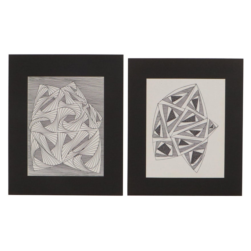 W. Glen Davis Abstract Pen and Ink Drawings, Late 20th Century