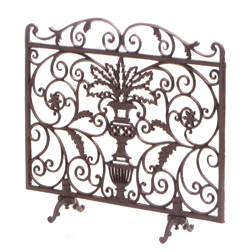 Neoclassical Style Cast Iron and Wire Mesh Fireplace Screen