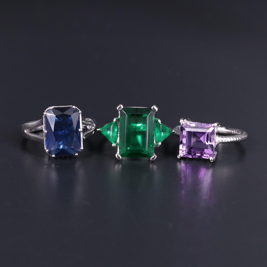 Sterling Silver Ring Collection Including Emerald and Amethyst