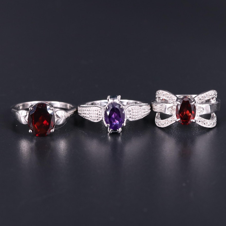 Sterling Silver Ring Collection Including Natural Garnet and Amethyst