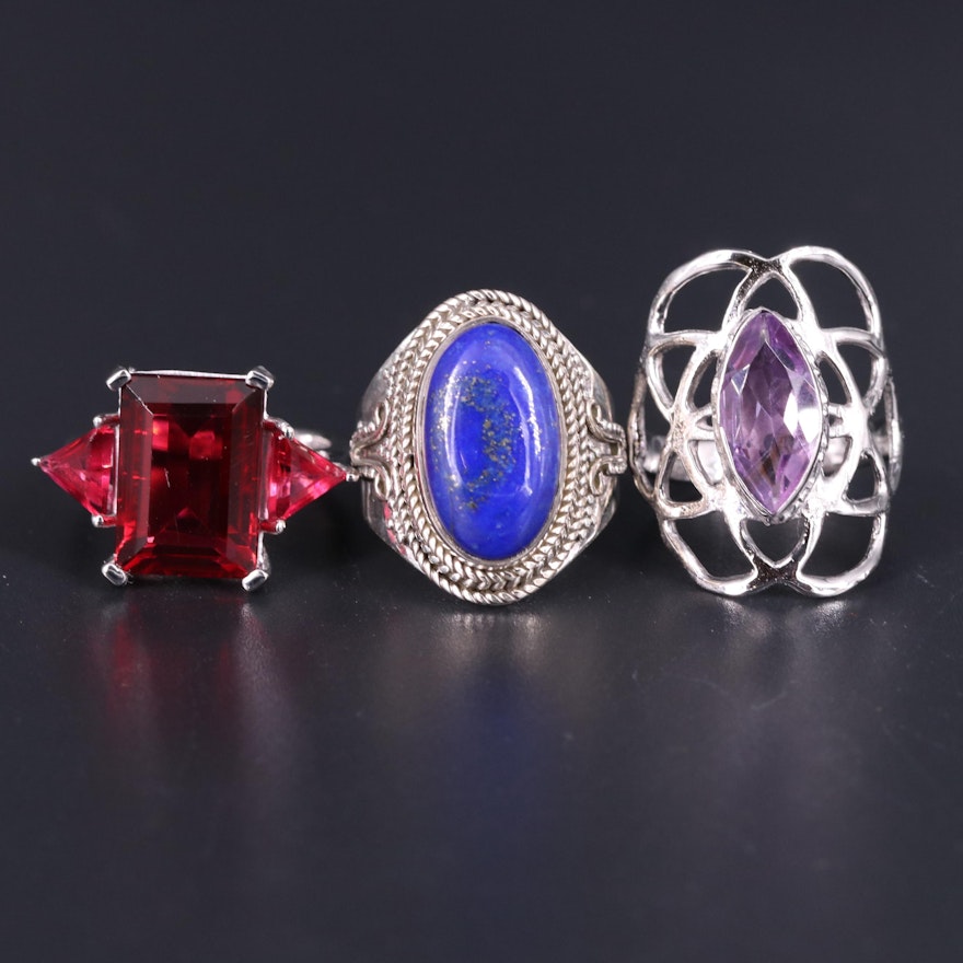 Sterling Silver Ring Trio Including Lapis, Amethyst, and Sapphire