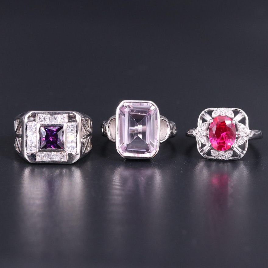 Sterling Silver Ring Trio Including Amethyst and Cubic  Zirconia