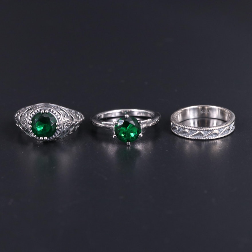 Sterling Silver Ring Trio Including Emerald