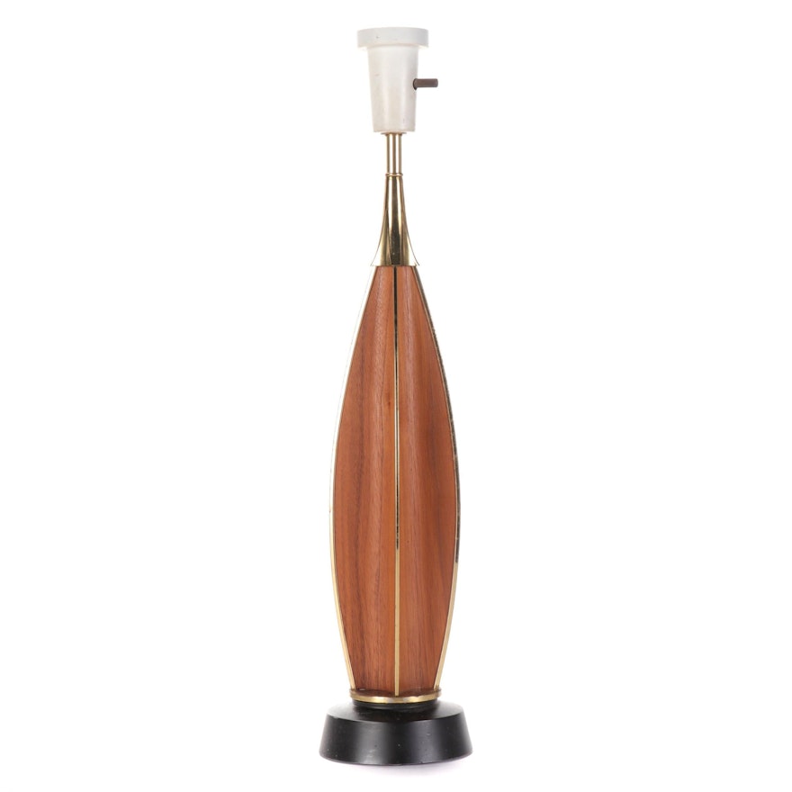 Mid Century Modern Teak and Brass Torchiere Table Lamp, Mid-20th Century