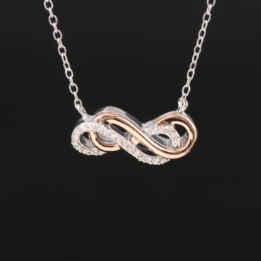 Sterling Diamond Double Infinity Pendant Necklace with 14K Rose Gold Accent