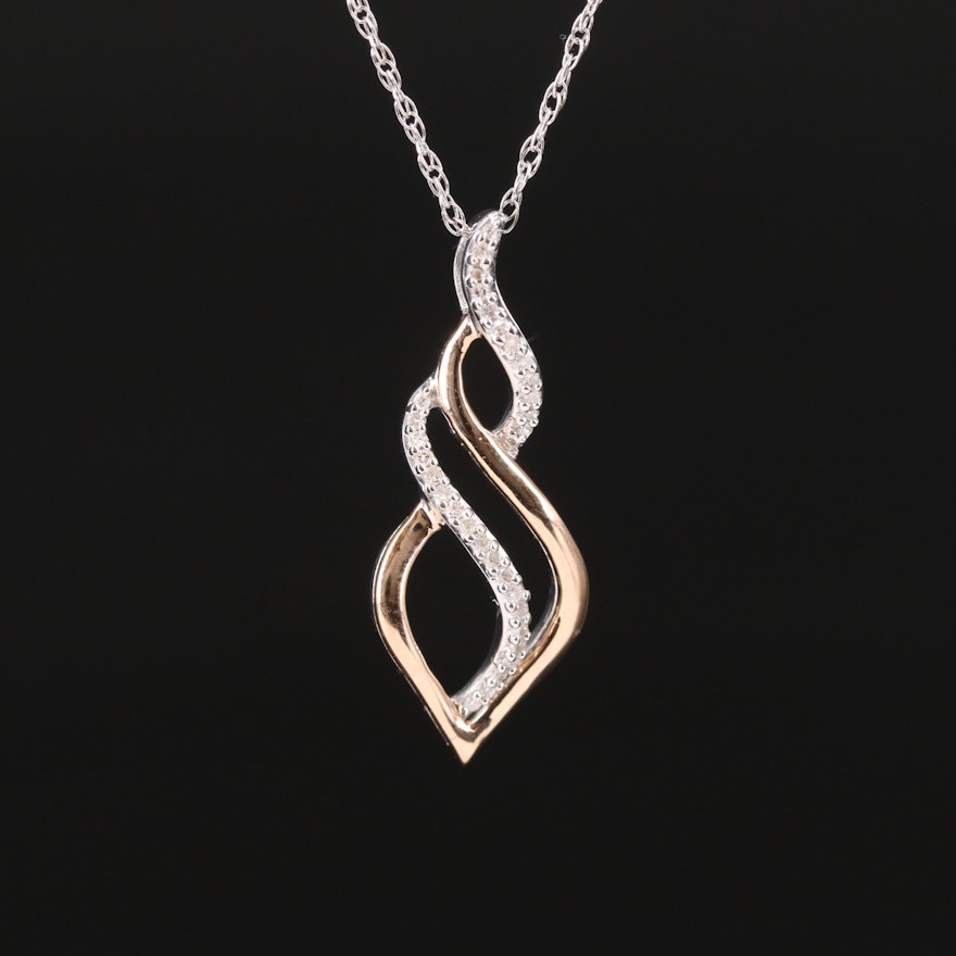 Sterling Diamond Spiral Pendant Necklace with 10K Rose Gold Accents