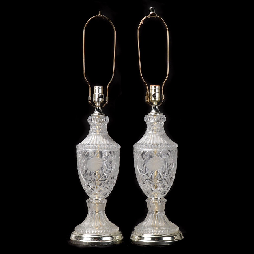 Pair of Pressed Glass Urn Form Lamps, Contemporary