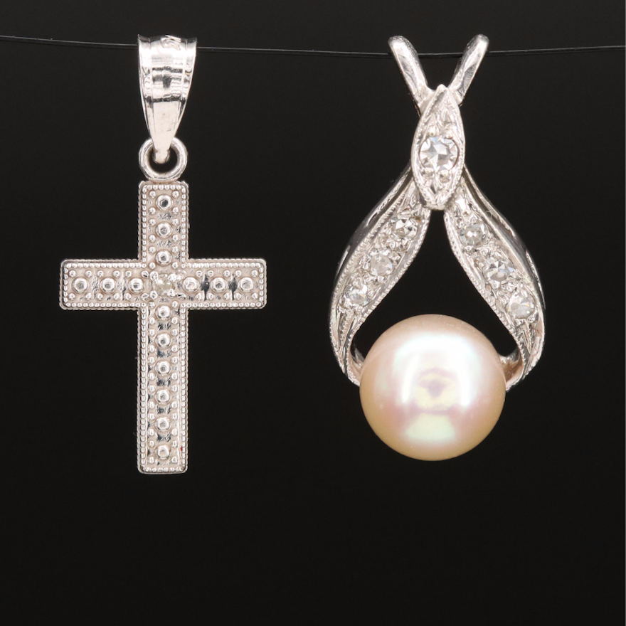 14K Pearl and Diamond Drop Pendant and Diamond Cross Pendant
