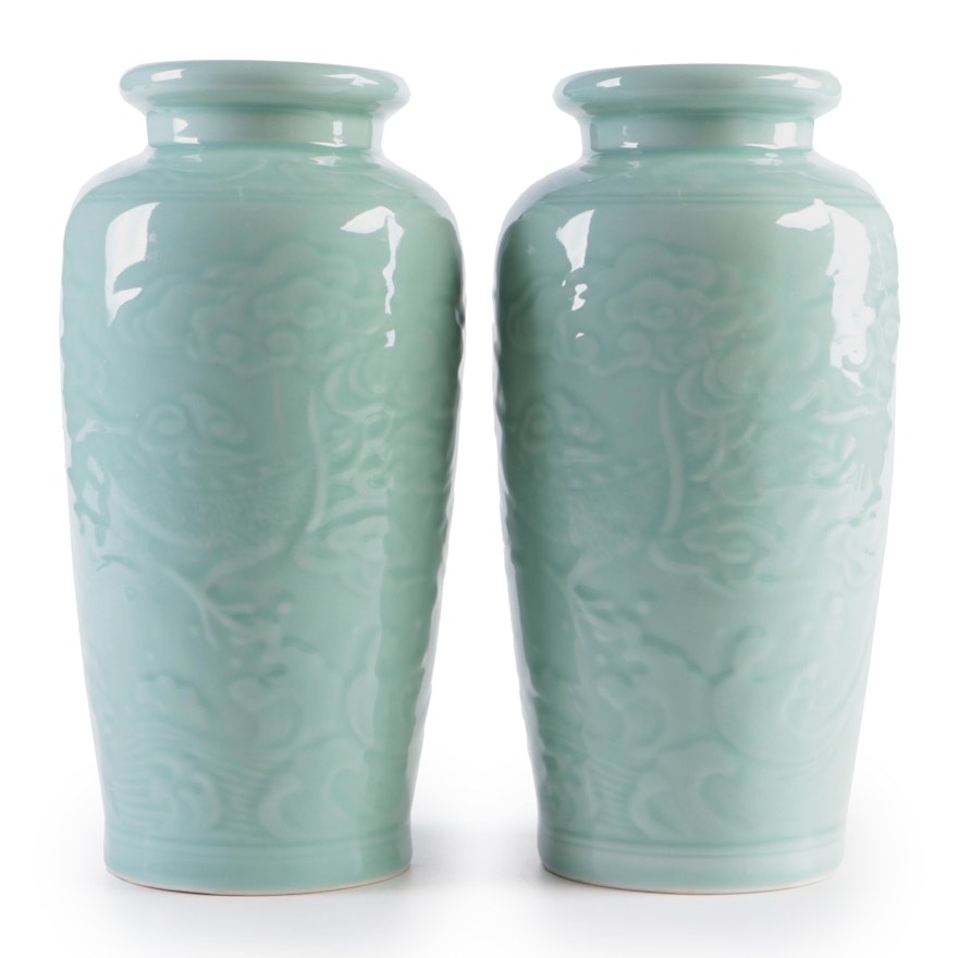 Pair of Kordenbrock Interiors Celadon Green Ceramic Vases