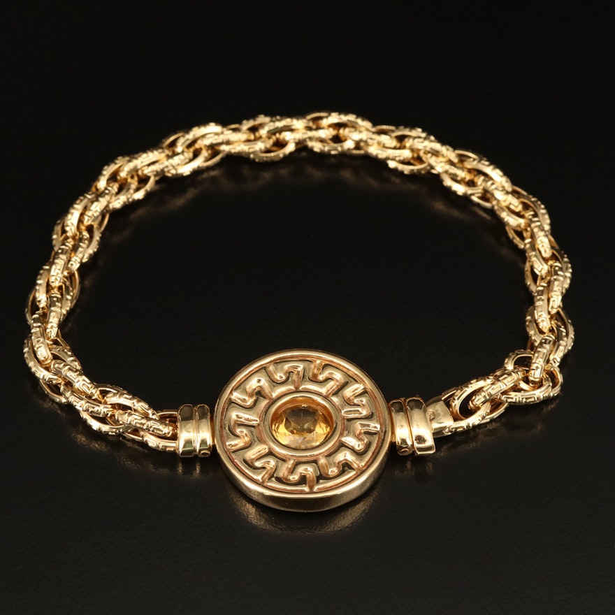 Italian 14K and Citrine Fancy Link Bracelet with Greek Key Motif