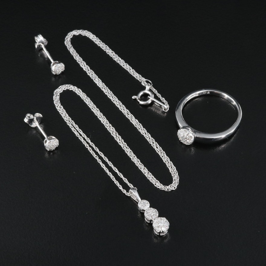 Sterling Diamond Cluster Ring, Earrings and Pendant Necklace Set