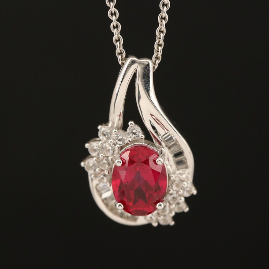 Sterling, Ruby and Sapphire Drop Pendant Necklace