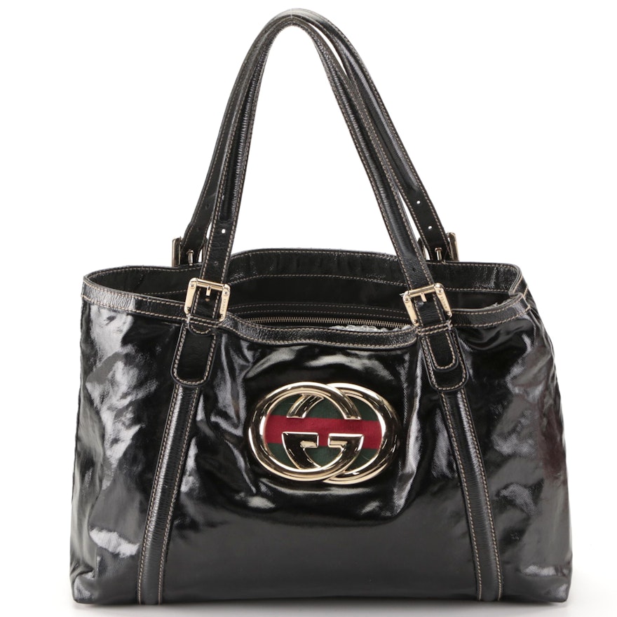 Gucci Britt Web Tote Bag in Black Dialux Canvas and Patent Leather