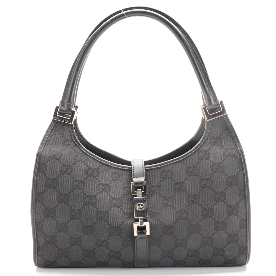 Gucci Shoulder Bag in Black GG Canvas with Leather Trim