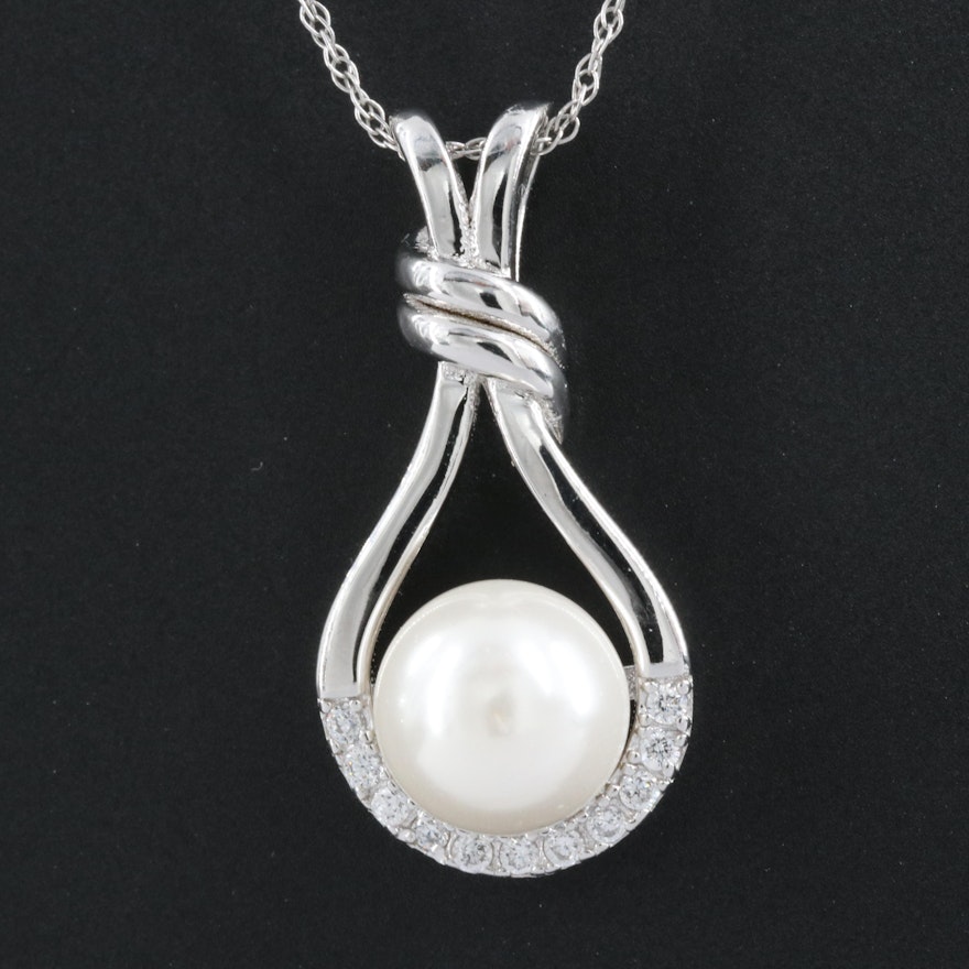 Sterling Sapphire and Faux Pearl Drop Pendant Necklace