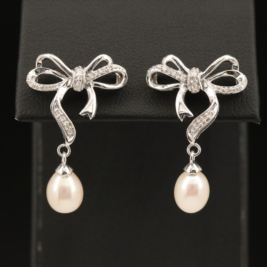 Sterling Pearl and Diamond Bow Earrings