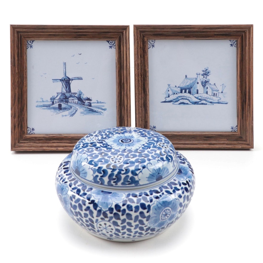 Royal Delft Lidded Jar with Other Framed Delft Tiles