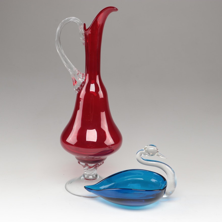 Red Footed and Handled Art Glass Pitcher and Blue Art Glass Swan Bowl