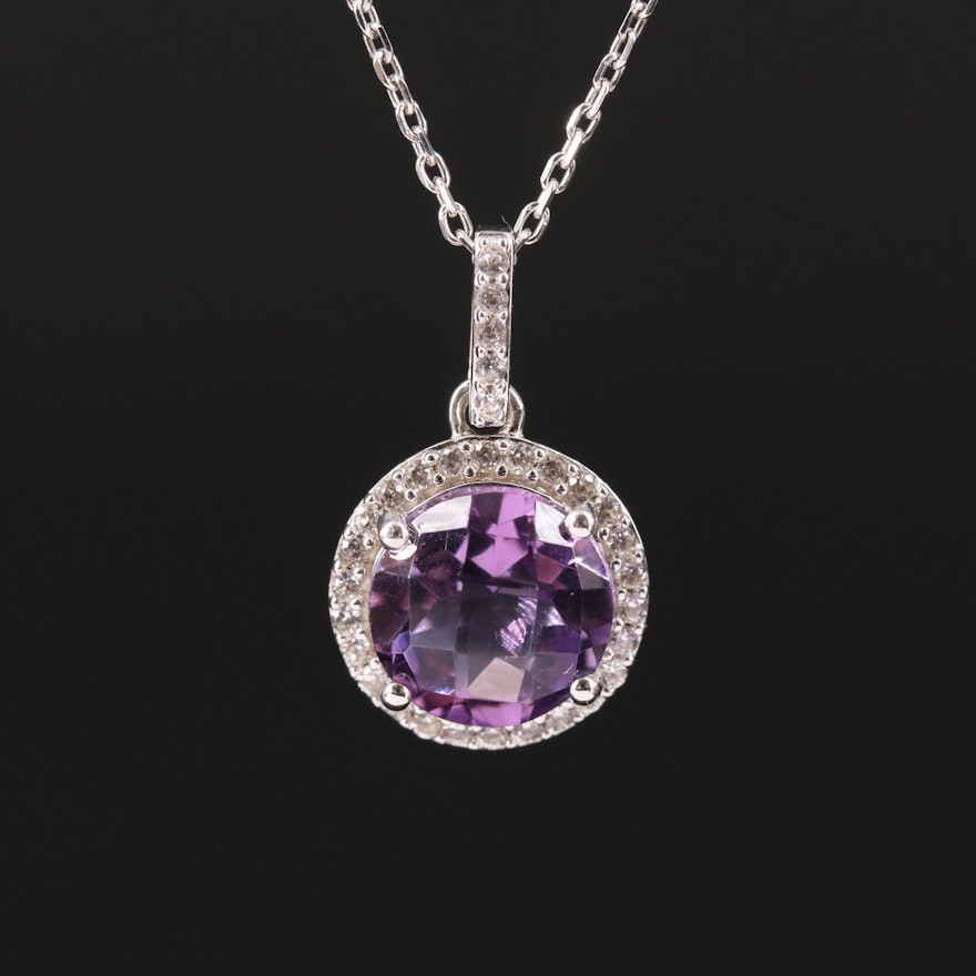 Sterling Amethyst and Sapphire Halo Pendant Necklace