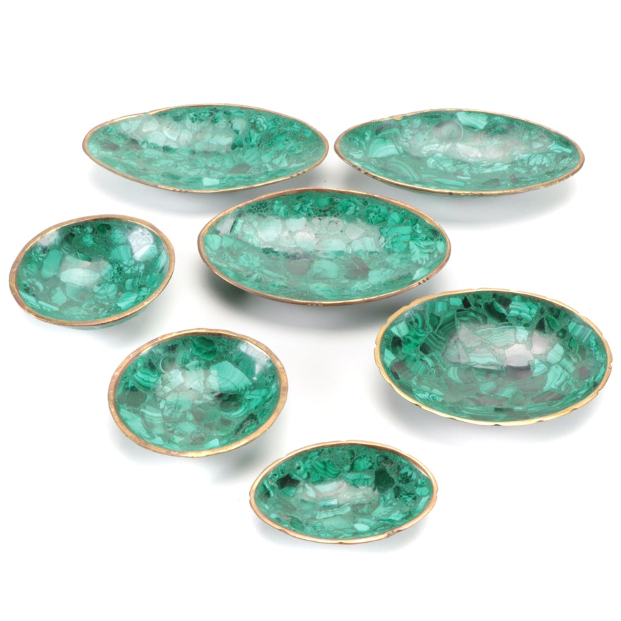Brass Rimmed Malachite Bowls, Mid to Late 20th Century