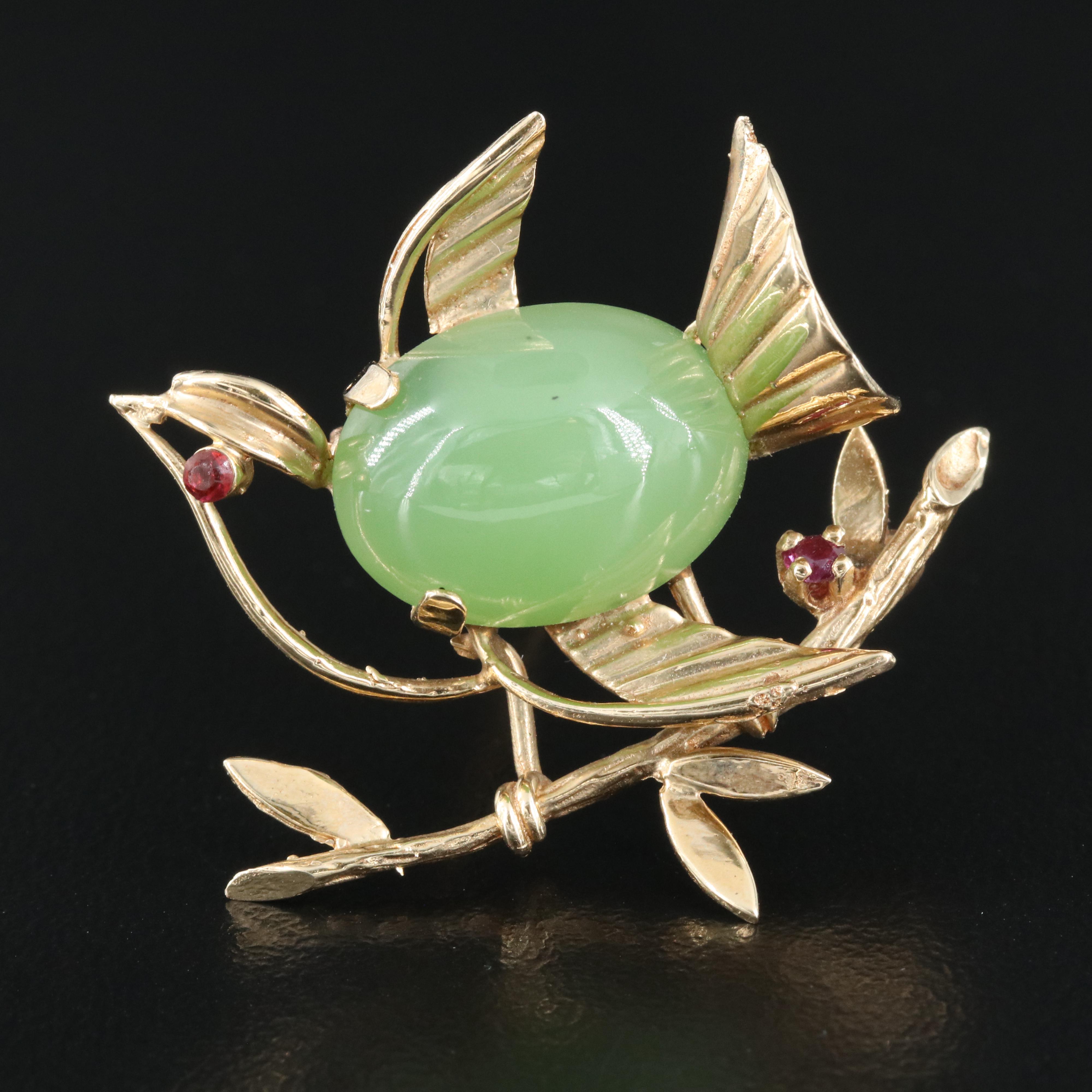 14K Nephrite, Ruby and Garnet Stylized Bird Brooch