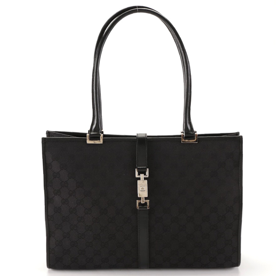 Gucci Jackie Black GG Canvas Tote with Leather Trim