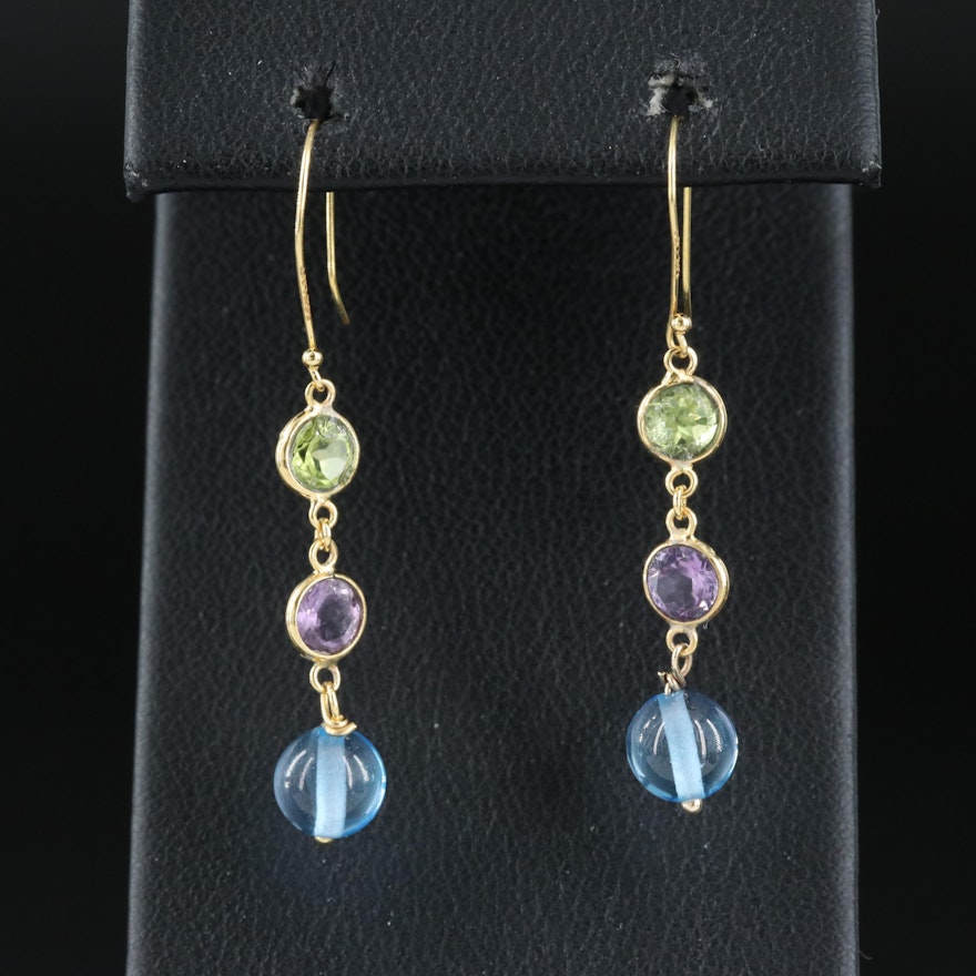 14K Peridot, Amethyst and Topaz Earrings