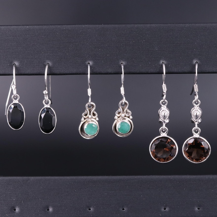 Sterling Silver Earring Collection Including Emerald and Black Onyx