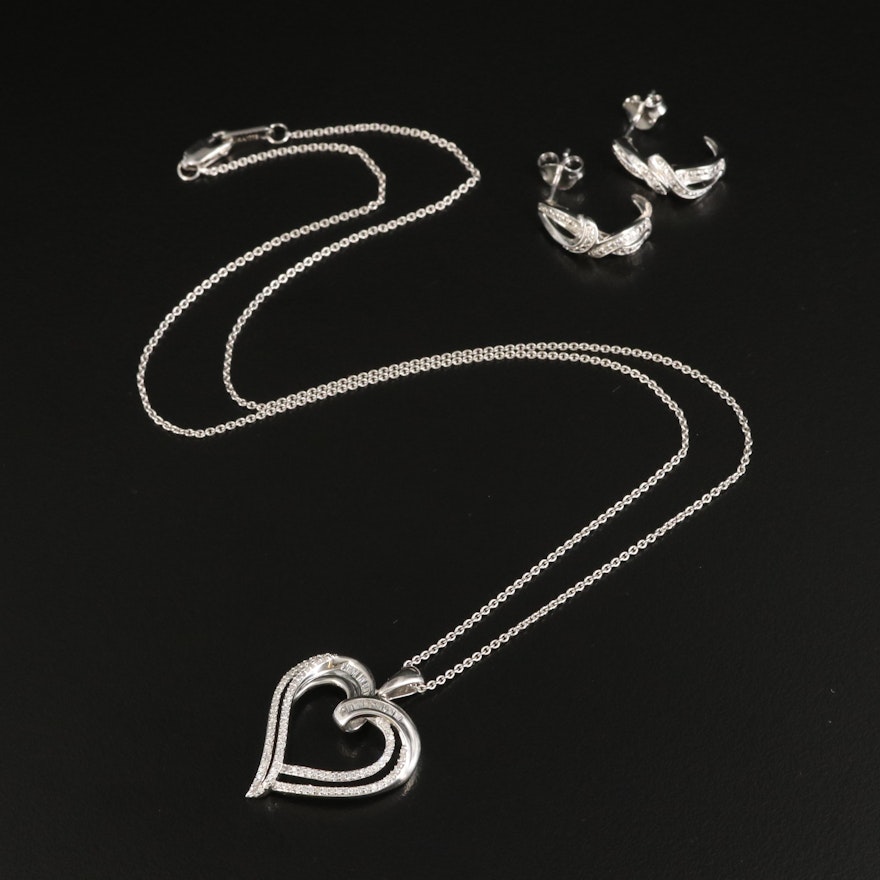 Sterling Diamond Heart Necklace and Crossover Earrings