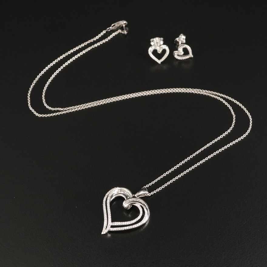 Sterling Diamond Heart Necklace and Earring Set