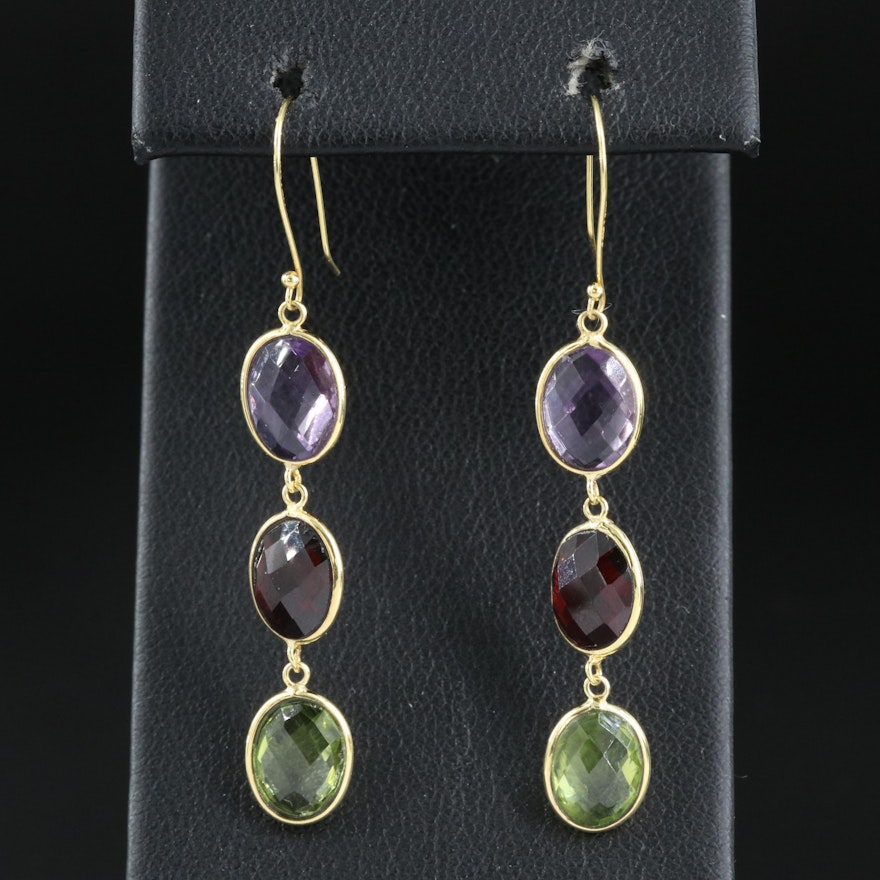 14K Amethyst, Garnet and Peridot Drop Earrings