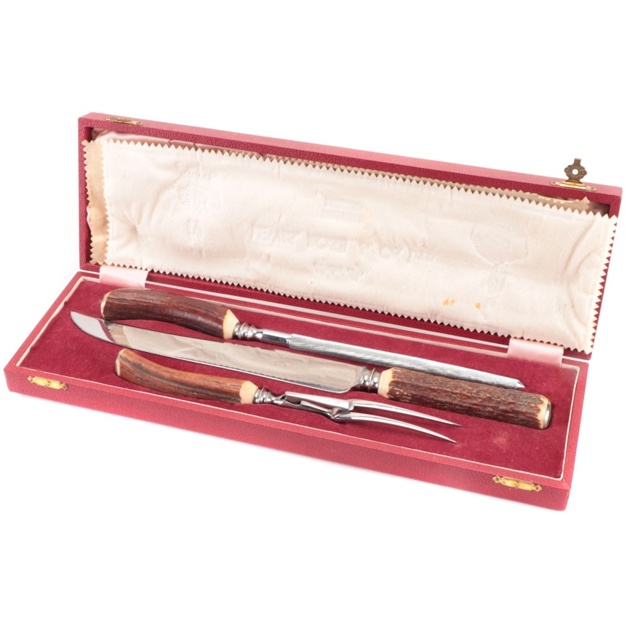 Lewis, Rose & Co. English Antler Handled Carving Set in Box