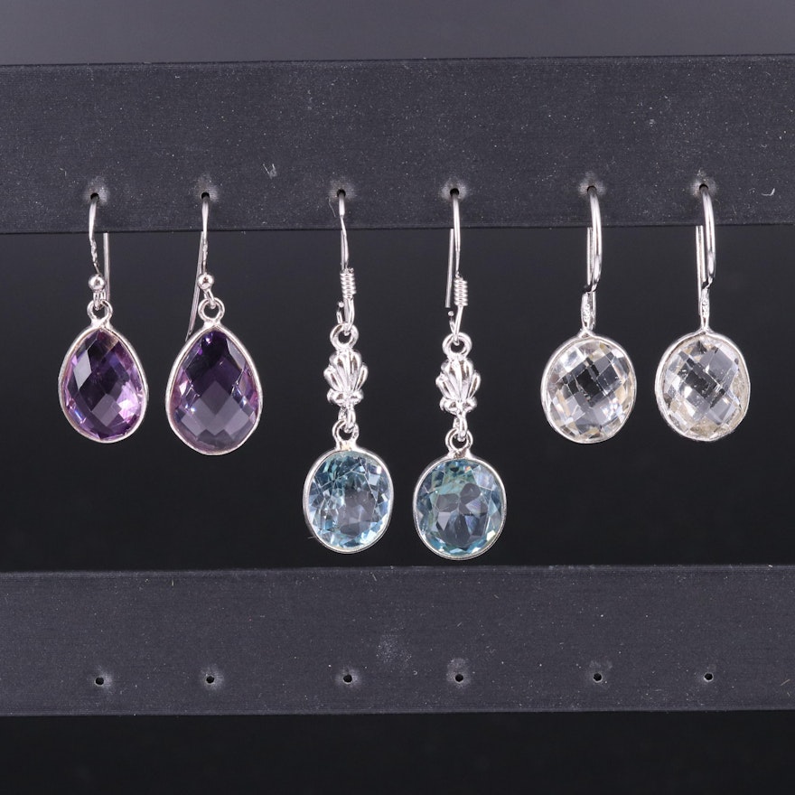 Assortment of Sterling Silver Earrings Including Topaz and Amethyst